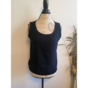 St John Sport Navy Blue Cable Knit Sleeveless Sweater Vest Women's M‎ Wool Blend
